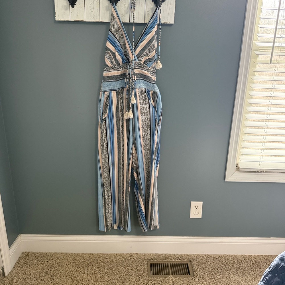 Striped Blue & Tan Halter Jumpsuit- super cute on!!